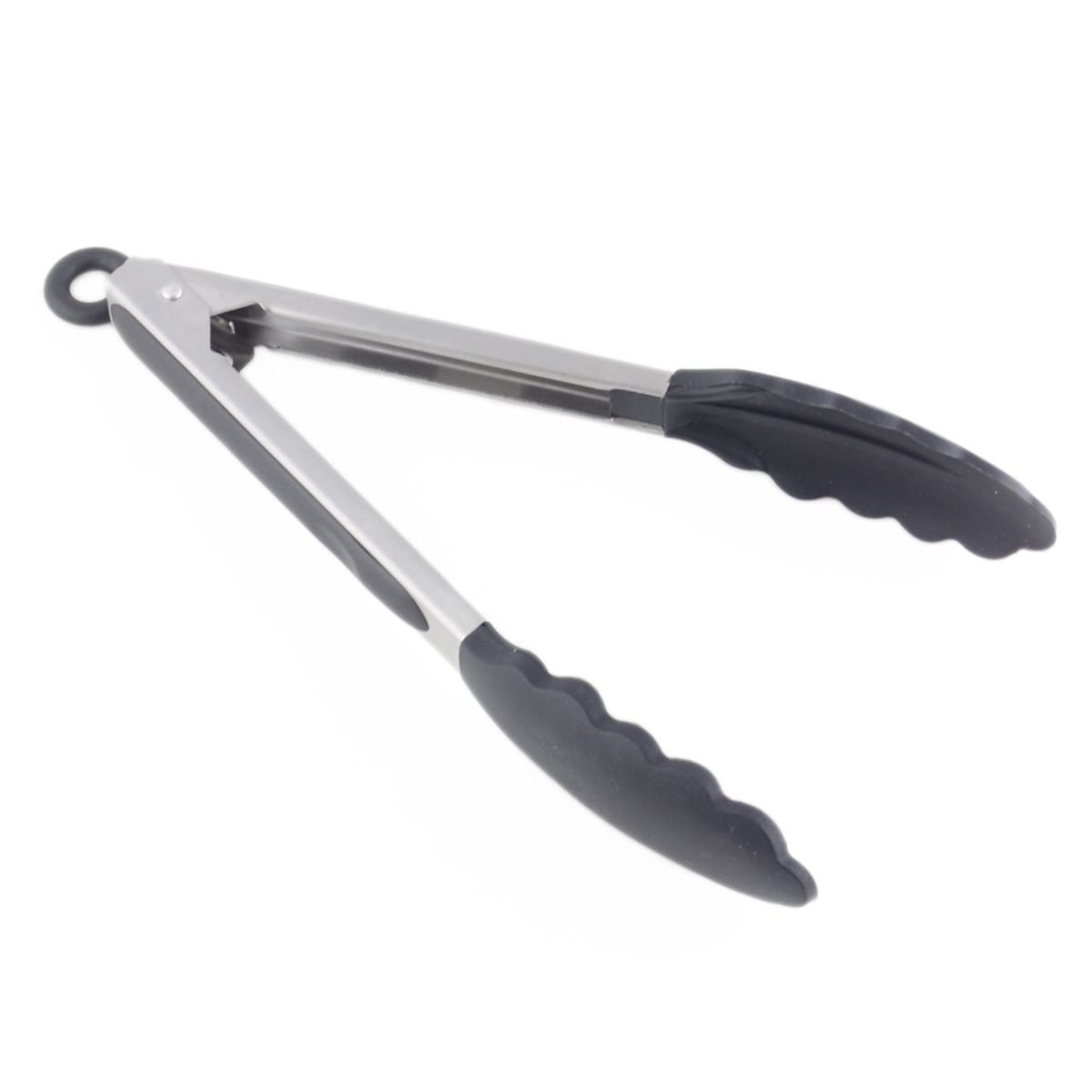 Thunder Group SLTHUT610 9-inch stainless steel utility tongs with black non-slip silicone tips and locking clip