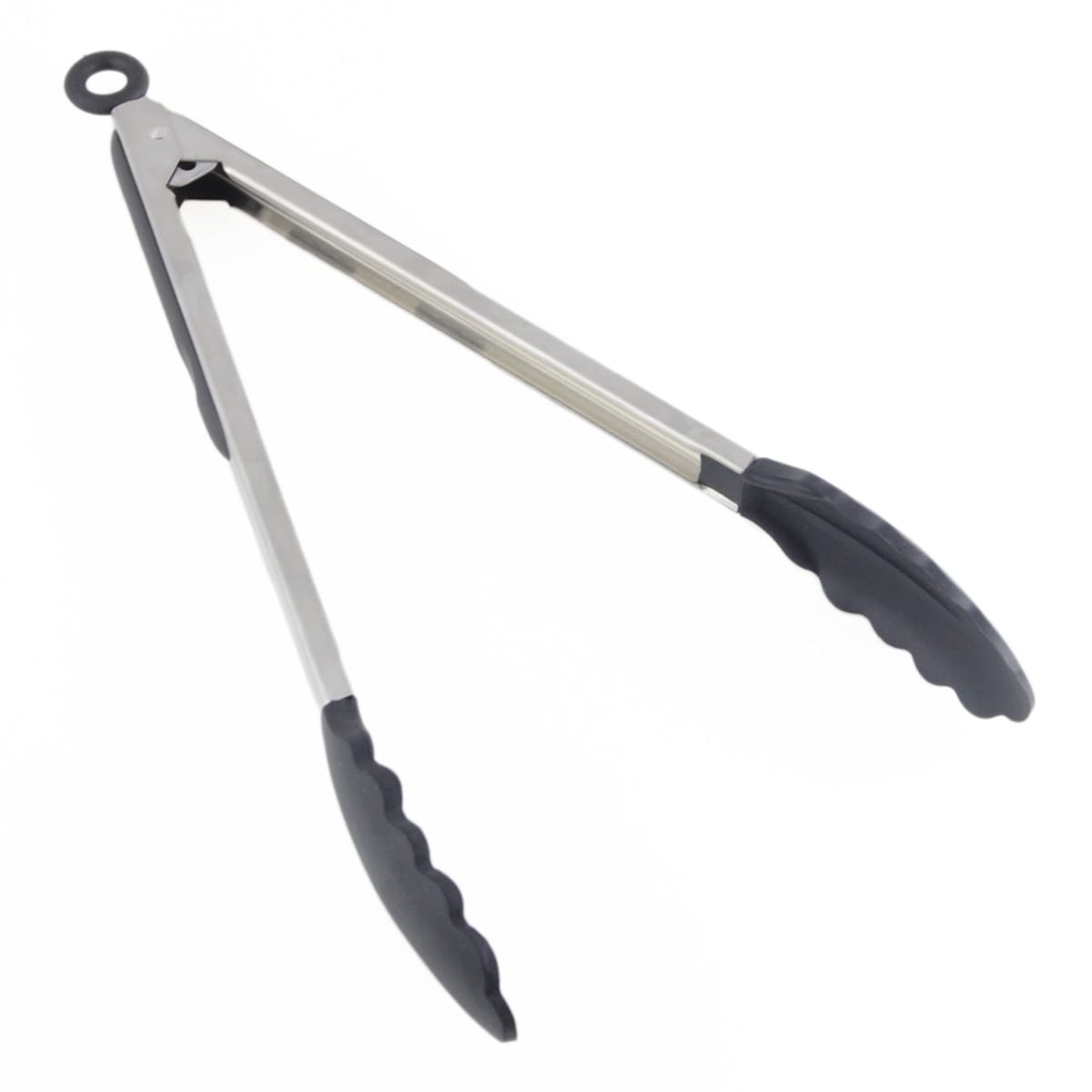 Thunder Group SLTHUT612 12-inch stainless steel utility tongs with black non-slip silicone tips and locking ring