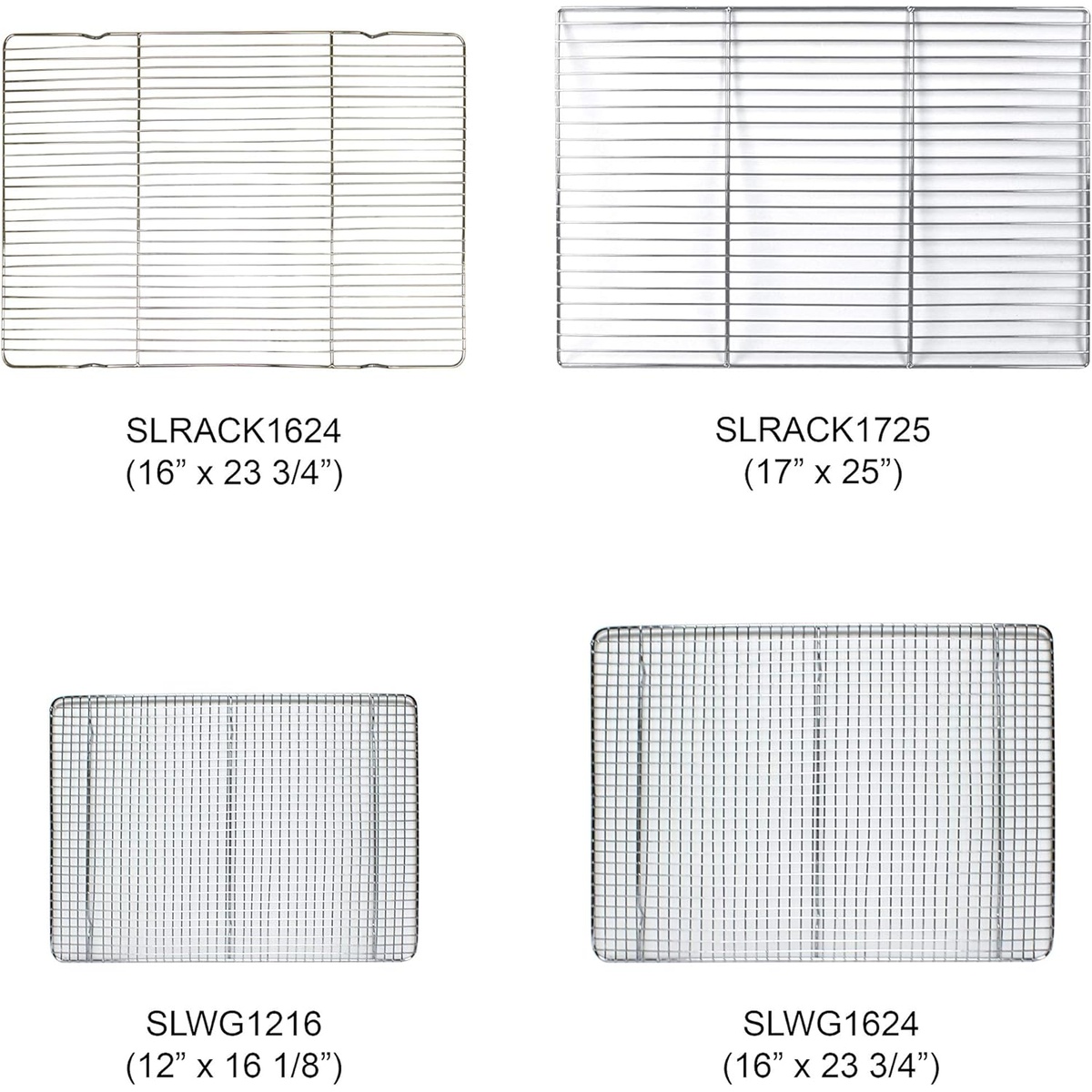 Thunder Group wire rack size comparison chart showing SLWG1216 alongside SLWG1624, SLRACK1624, and SLRACK1725 models