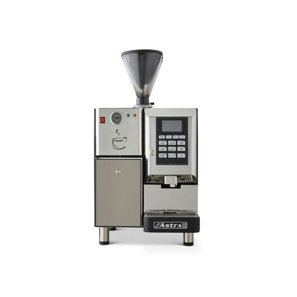 Astra SM-111 Super Mega I automatic espresso and cappuccino machine with stainless steel exterior, bean hopper, touchpad controls, and integrated milk refrigerator