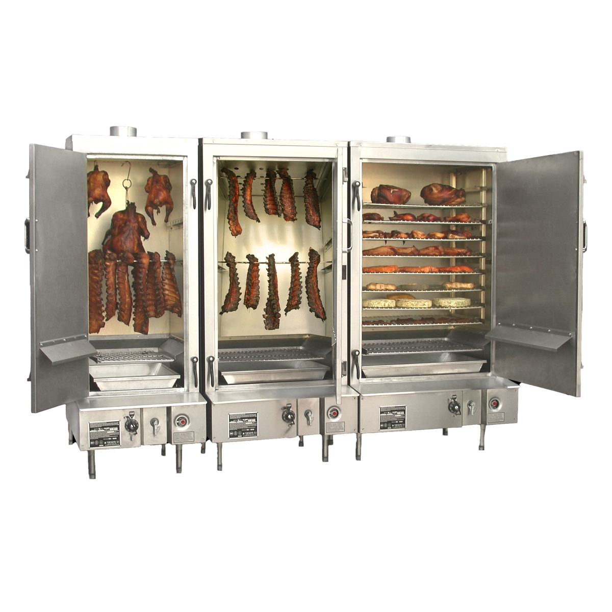 Town MasterRange commercial smokehouse with three units shown with doors open displaying hanging roasted poultry and meats on skewers plus horizontal racks with smoked ribs