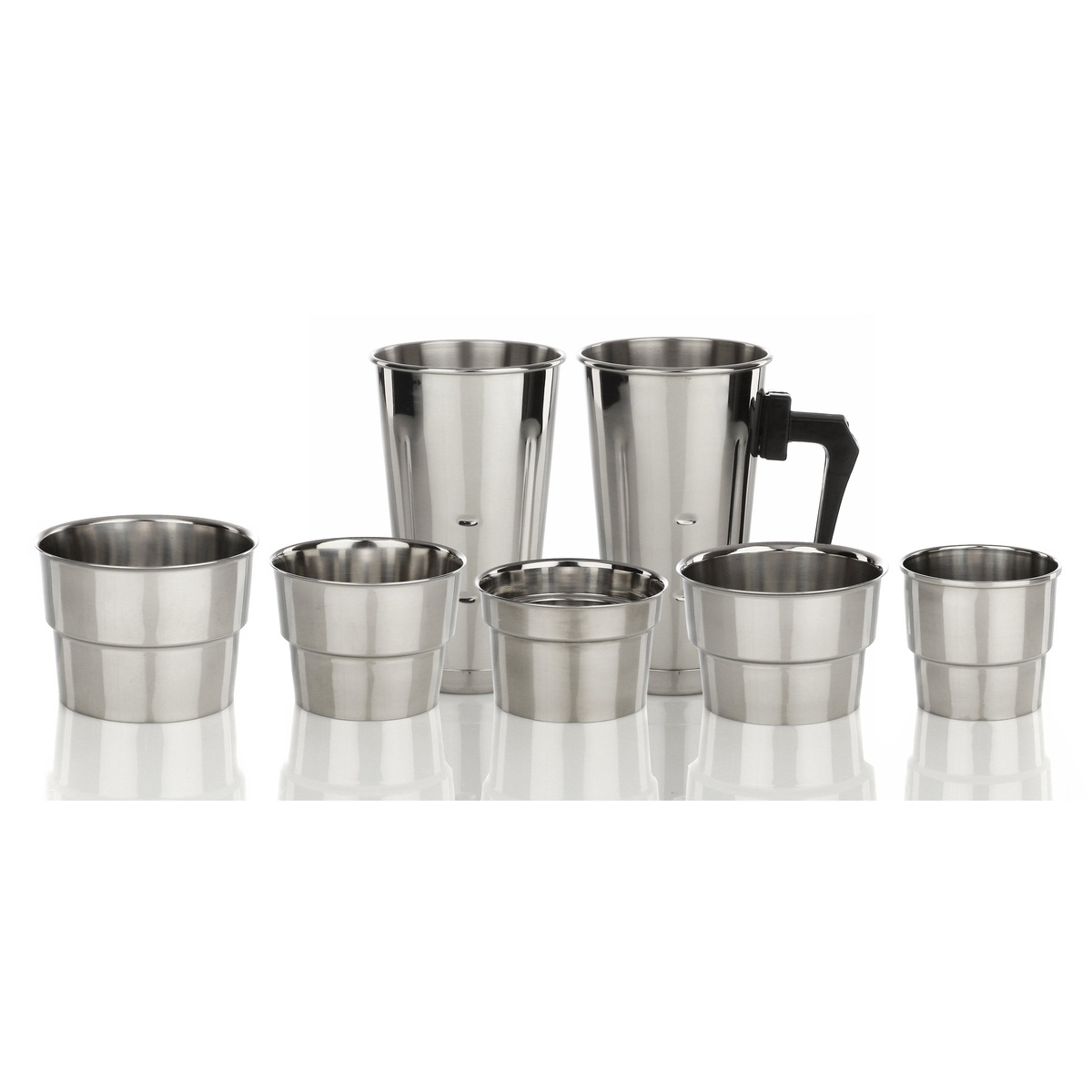 Assortment of Libertyware stainless steel malt collars and malt cups in multiple sizes on white background