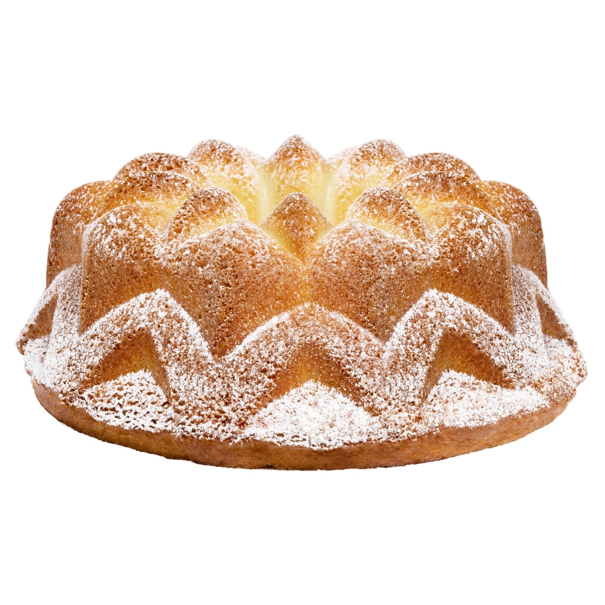 Beautifully baked floral star bundt cake dusted with powdered sugar on white background, made using Fat Daddio's silicone mold