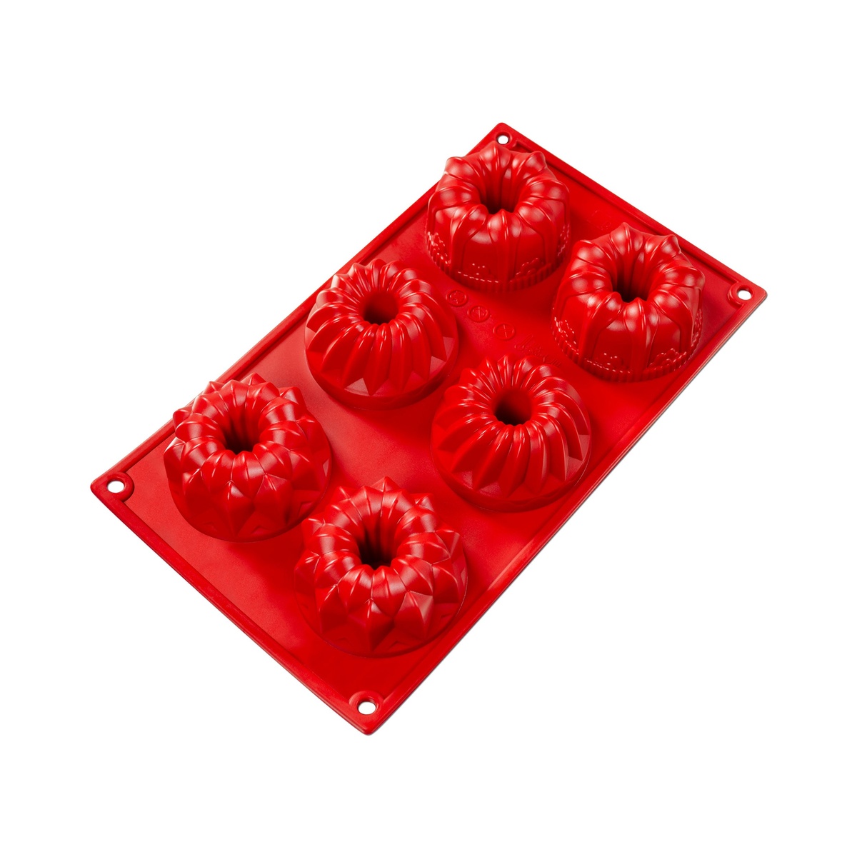 Fat Daddio's red silicone baking mold with multiple decorative cavity shapes on white background