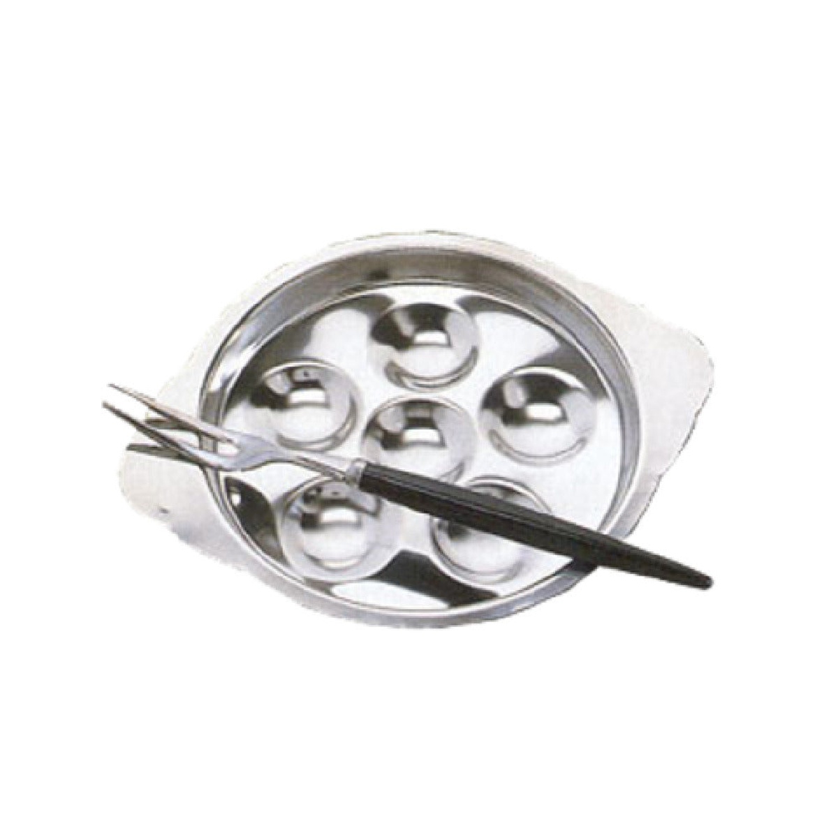 American Metalcraft SN60 stainless steel 6-hole snail plate with side handles and escargot fork