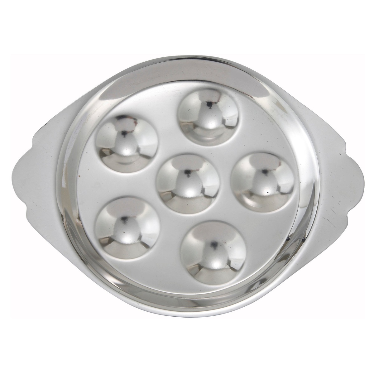 Winco SND-6 stainless steel snail dish with 6 wells, overhead view on white background