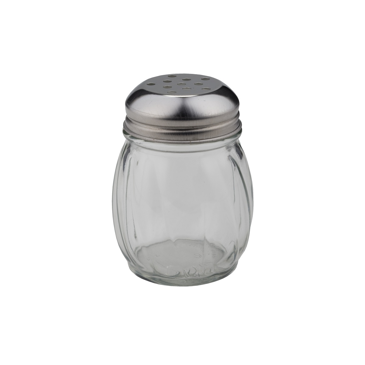 Libertyware 6 oz swirl glass cheese shaker with perforated stainless steel cap