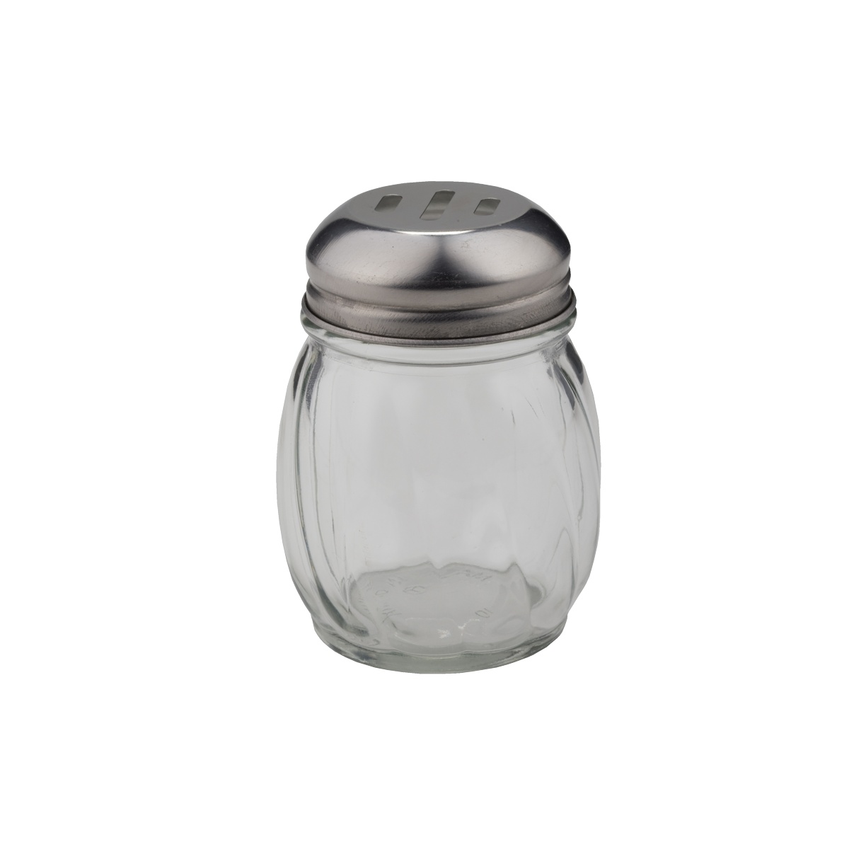 Libertyware 6 oz swirl glass cheese shaker with slotted stainless steel cap