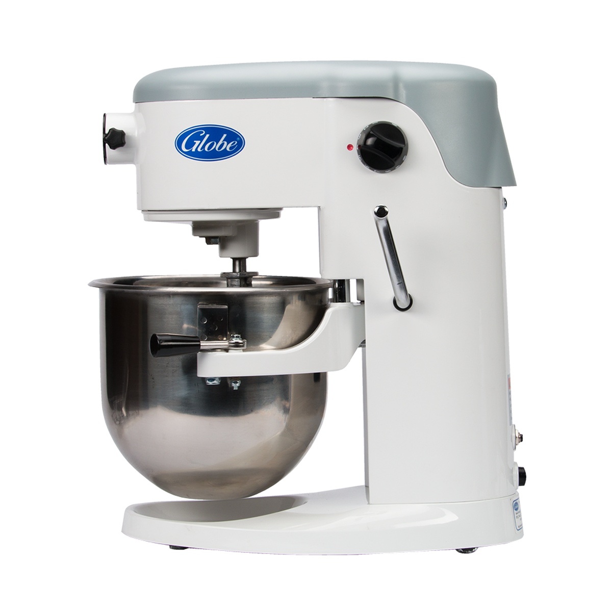 Side view of Globe SP05 commercial countertop mixer showing bowl lift lever