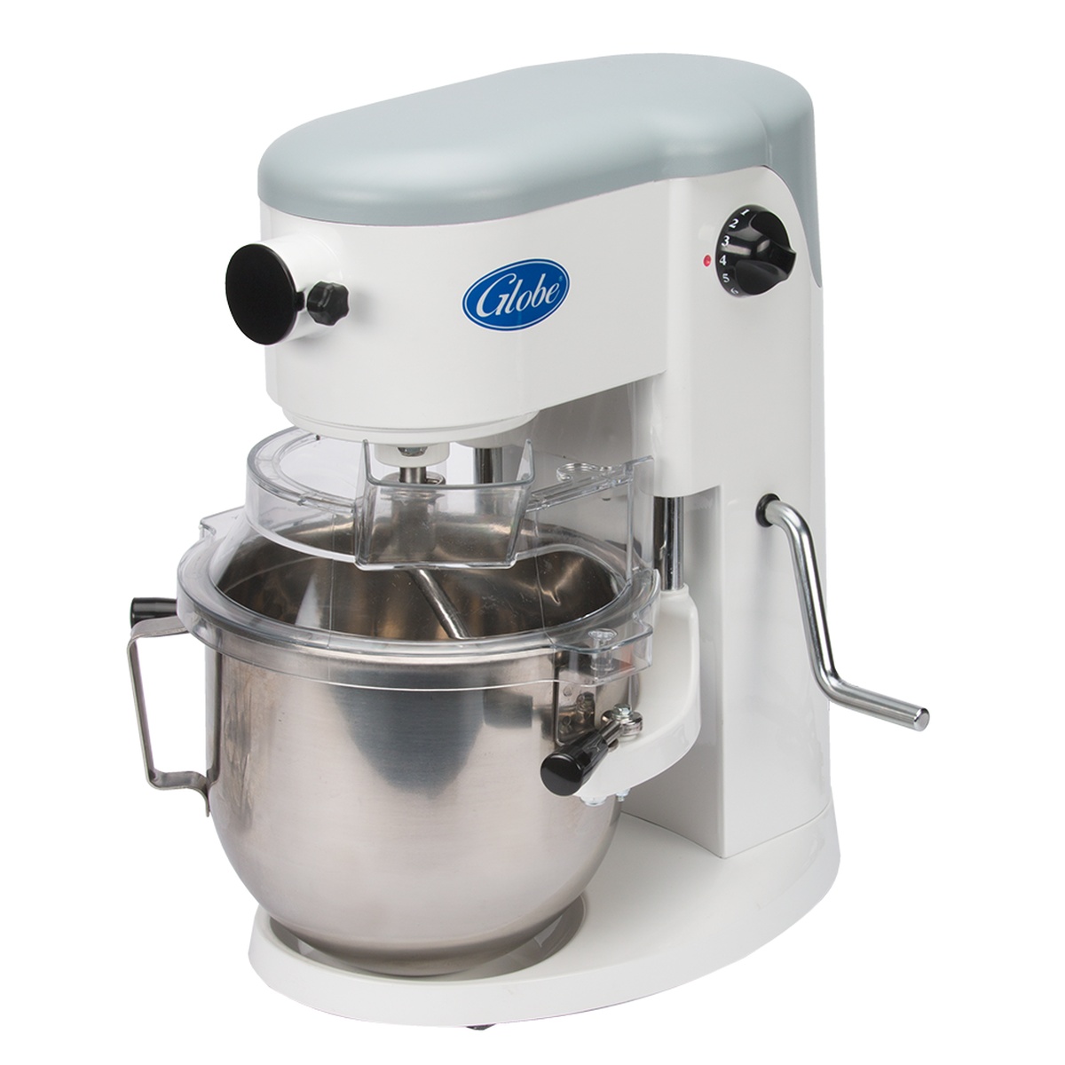 Globe SP05 5-quart countertop mixer with stainless steel bowl and splash cover
