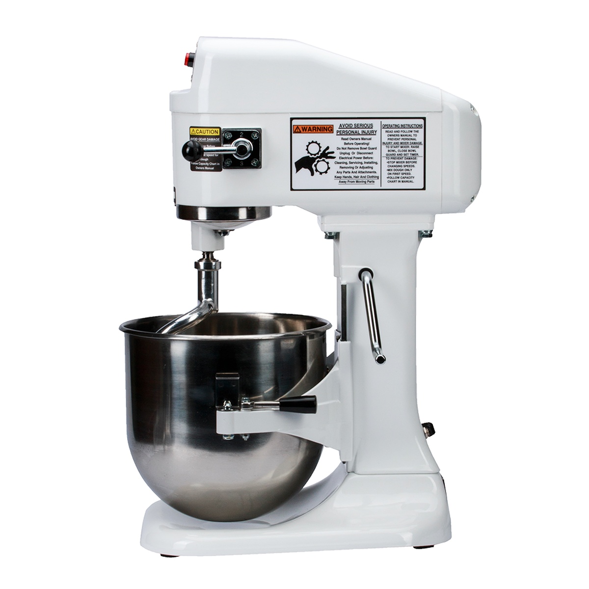 Side view of Globe SP08 countertop mixer showing bowl lift handle and stainless steel bowl