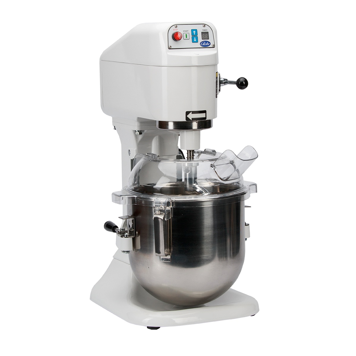 Front view of Globe SP08 mixer showing touchpad controls and polycarbonate splash cover with ingredient chute