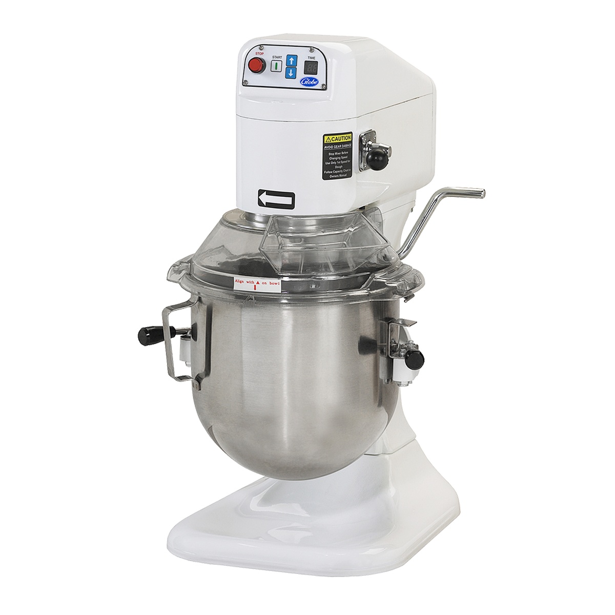 Globe SP08 8-quart countertop mixer with stainless steel bowl and splash guard