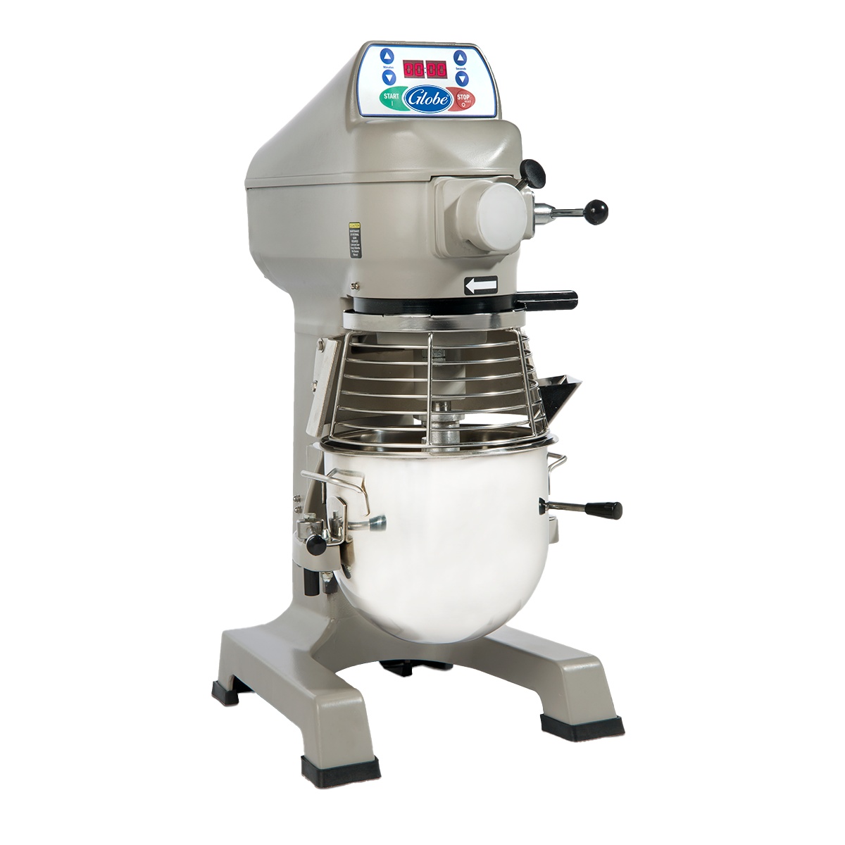 Side view of Globe SP10 mixer showing digital control panel and ingredient chute