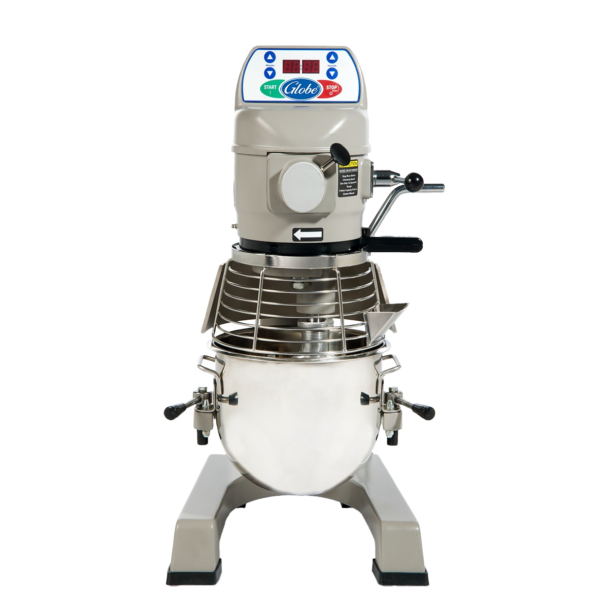 Globe SP10 mixer front view highlighting stainless steel bowl guard and bowl clamps