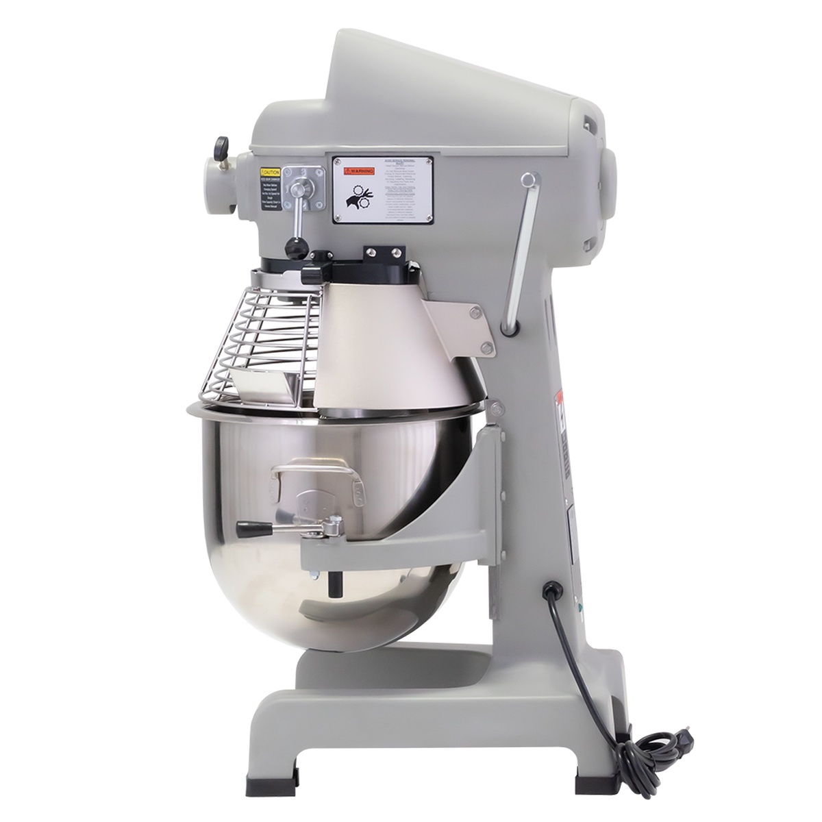 Globe SP20 20-quart planetary mixer angled view showing bowl-lift mechanism and stainless guard