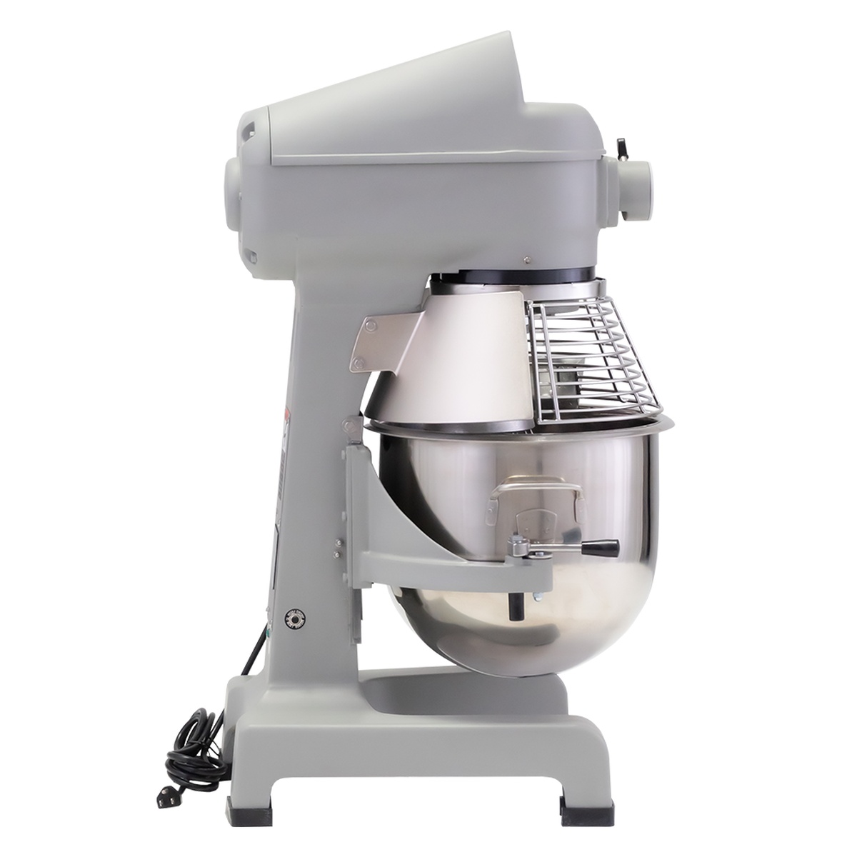 Globe SP20 20-quart bench planetary mixer side view with stainless steel bowl and wire guard