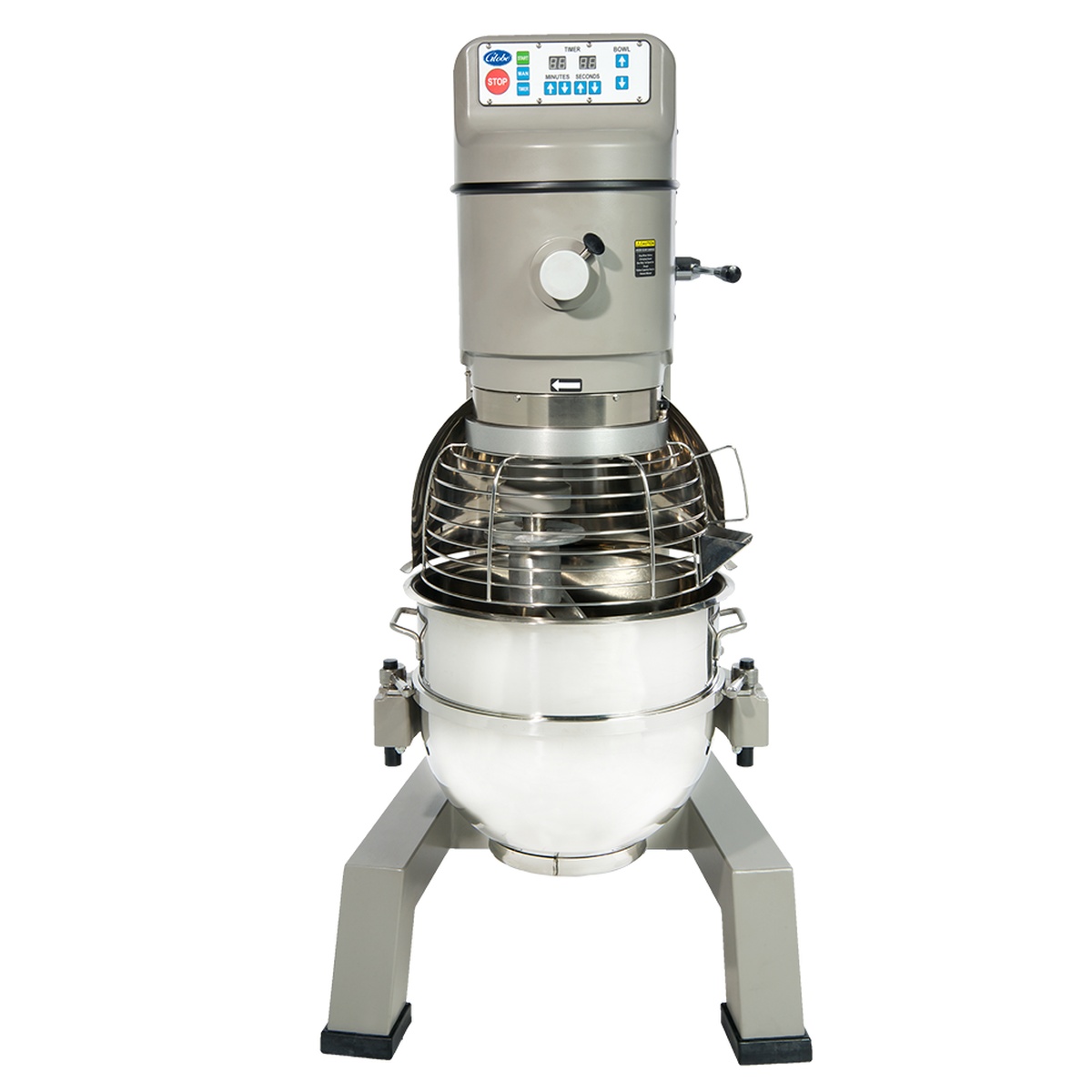 Front view of Globe SP62P mixer with stainless steel bowl guard and ingredient chute