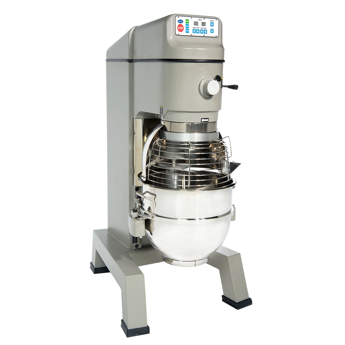 Angled view showing removable stainless steel bowl guard with integrated ingredient chute