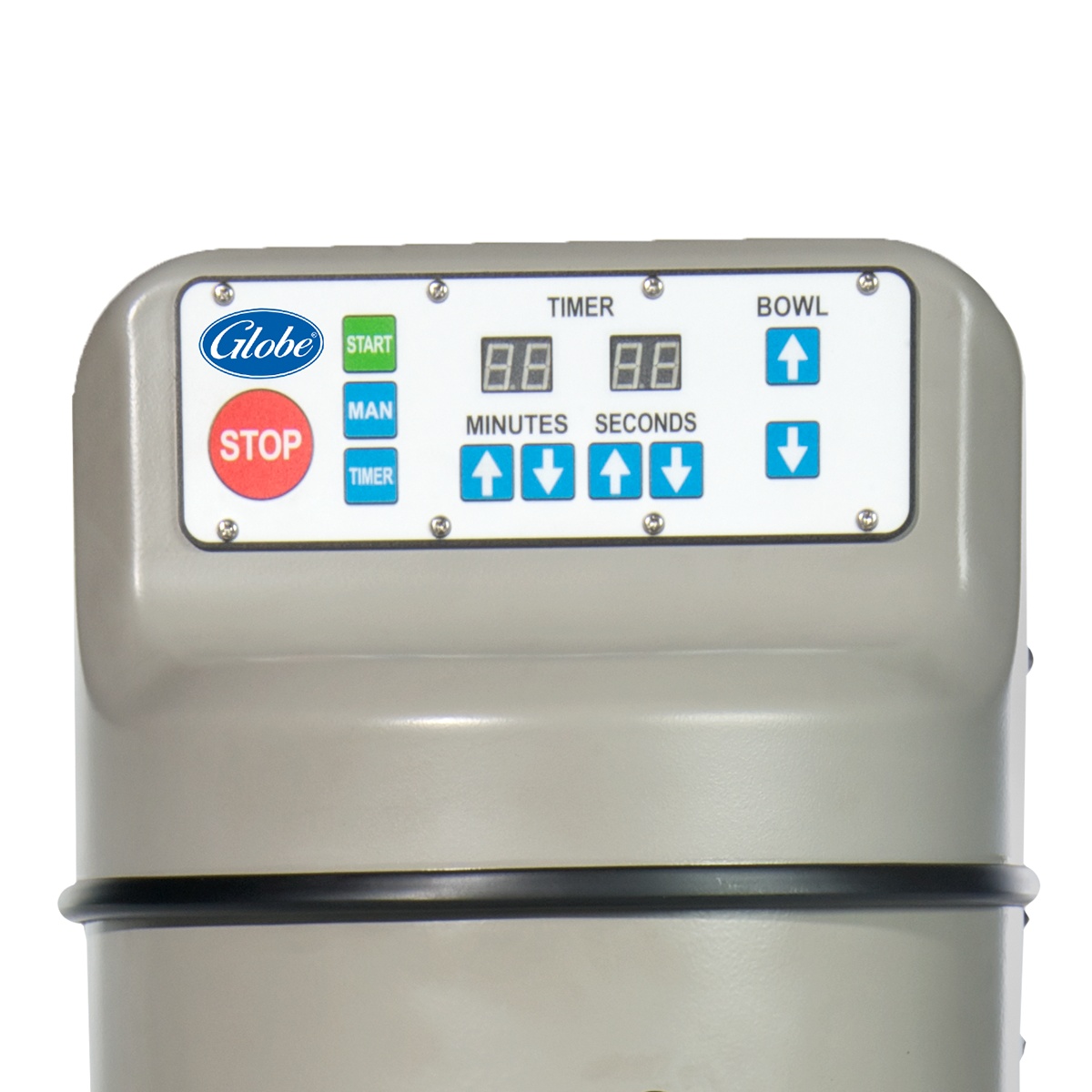 Close-up of Globe SP80PL digital control panel with timer and bowl lift controls