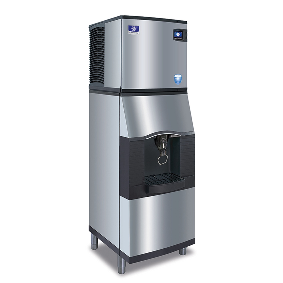 Manitowoc SPA162 22-inch touchless ice dispenser with ice machine stacked on top, stainless steel finish