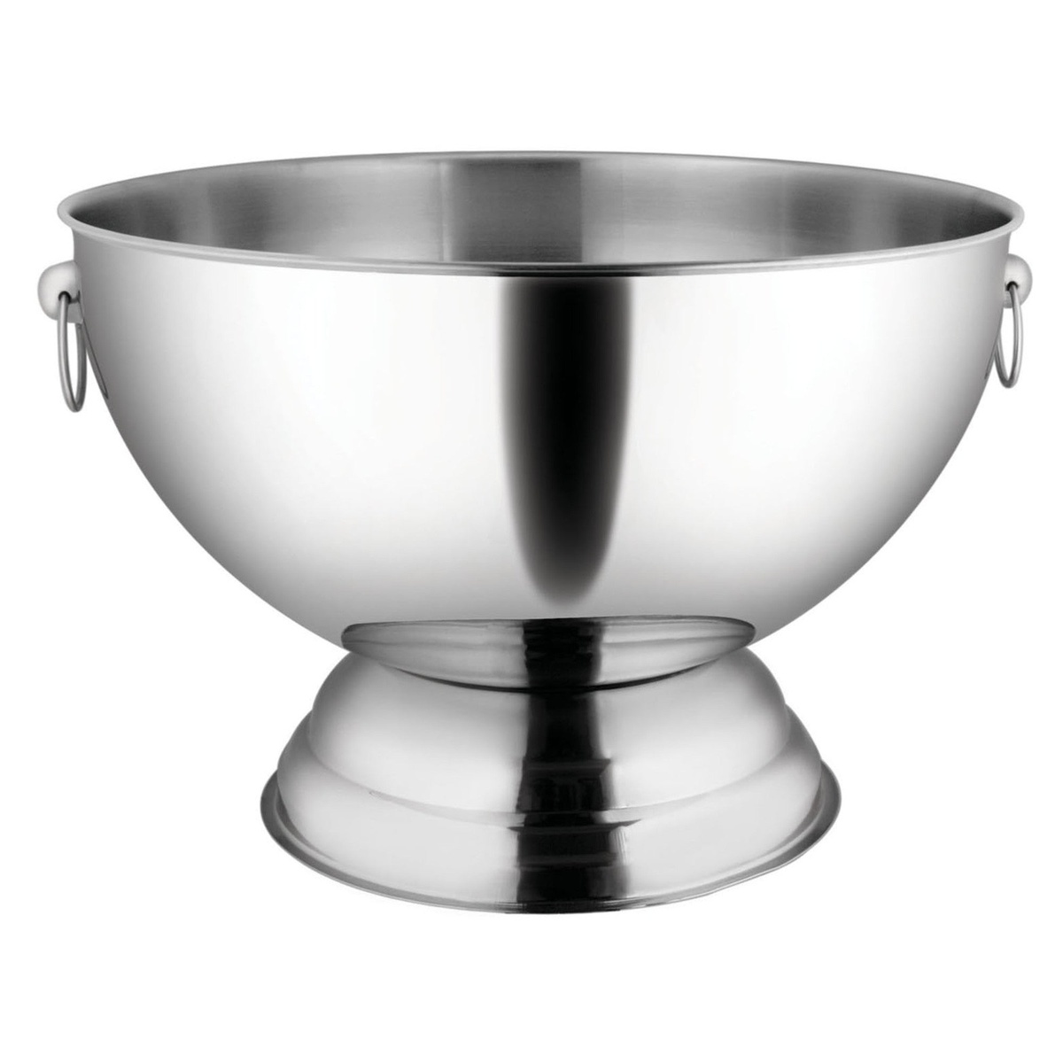 Winco SPB-35 stainless steel punch bowl with mirror finish, pedestal base, and decorative ring handles on white background