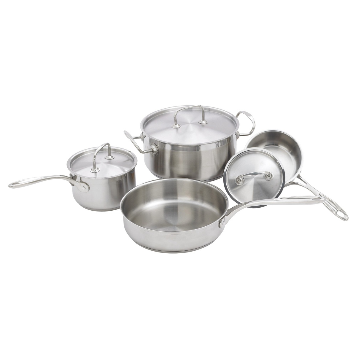 Winco SPC-7H 7-piece stainless steel cookware set displayed on white background showing two sauce pans with lids, a Dutch oven with lid, and a saute pan
