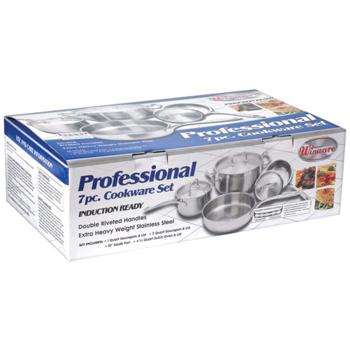 Winco SPC-7H Professional 7-piece cookware set product packaging box highlighting induction ready and double riveted handles features