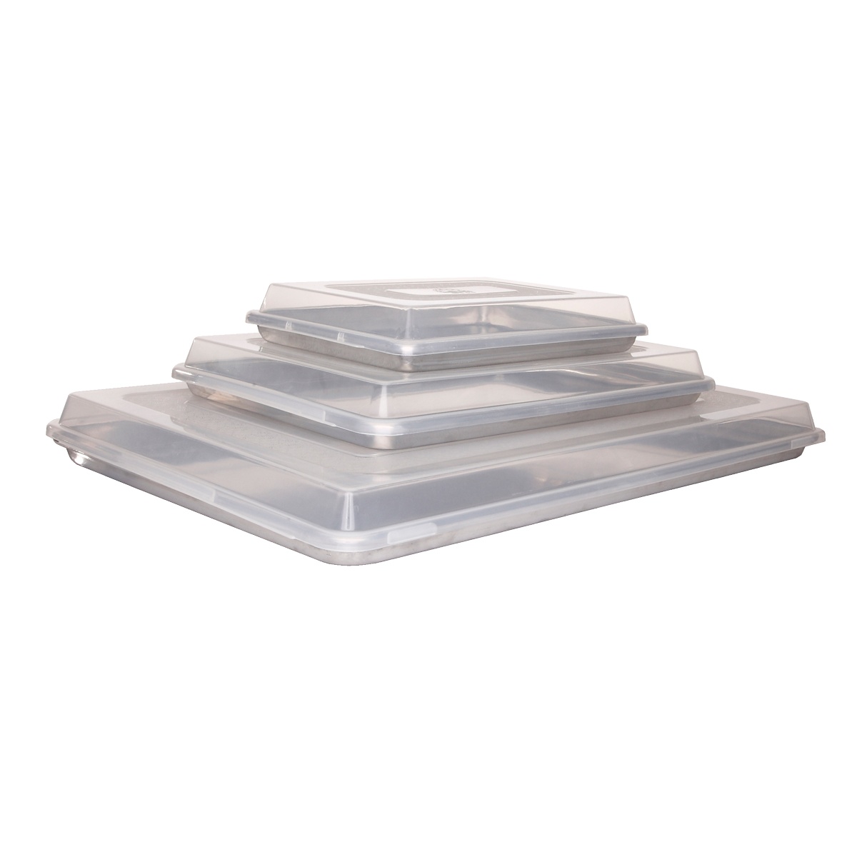 Multiple Libertyware sheet pan covers in three sizes stacked on matching sheet pans, product family group shot