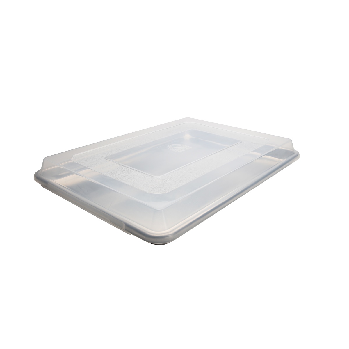 Libertyware SPC1813 clear snap-on half size sheet pan cover shown on a sheet pan, angled view