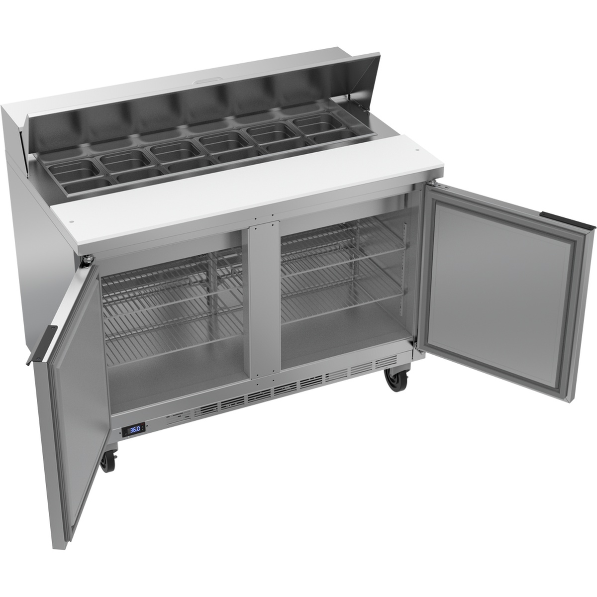 Beverage-Air SPE48HC-12 both doors open wide showing full interior shelving, pan rail, and cutting board from alternate angle