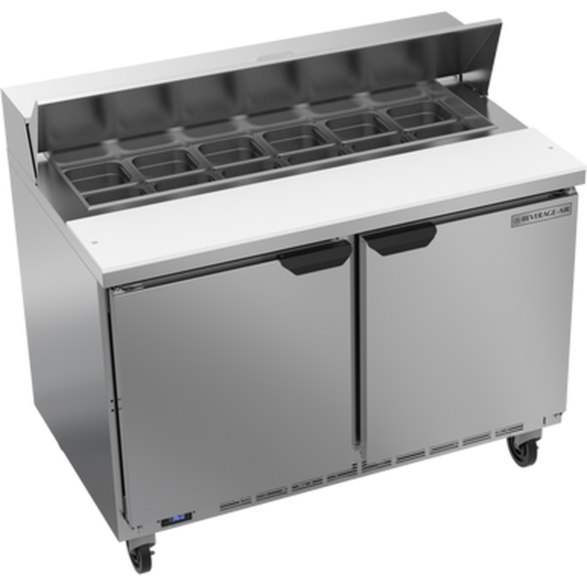 Beverage-Air SPE48HC-12 48-inch sandwich prep table closed doors angled view showing stainless steel exterior and pan rail