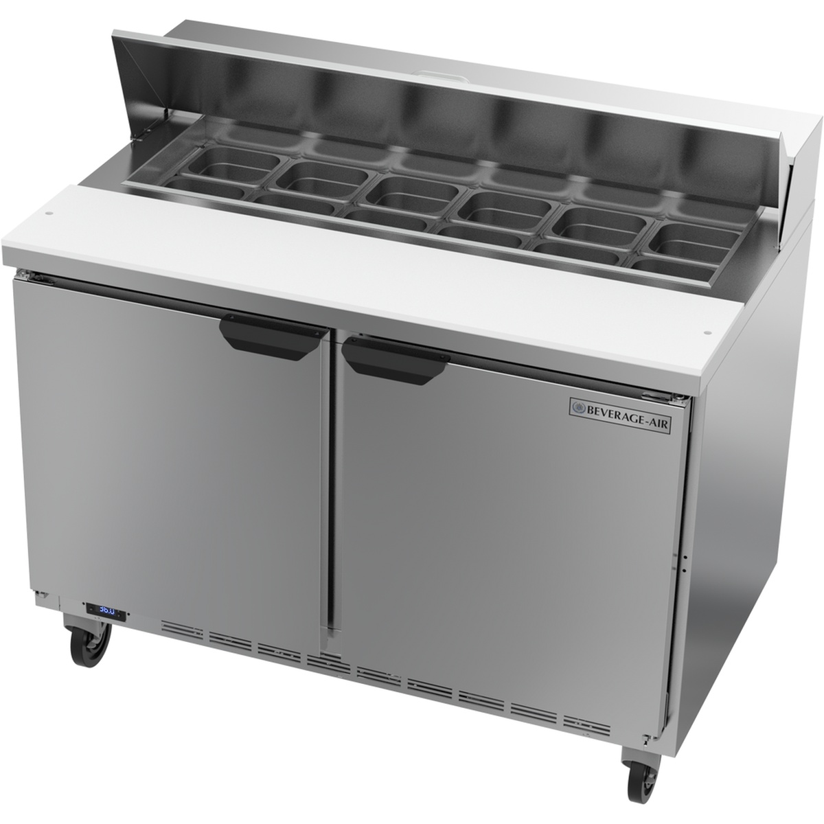 Beverage-Air SPE48HC-12 front view with pan rail open showing 12 ingredient pan slots and white cutting board