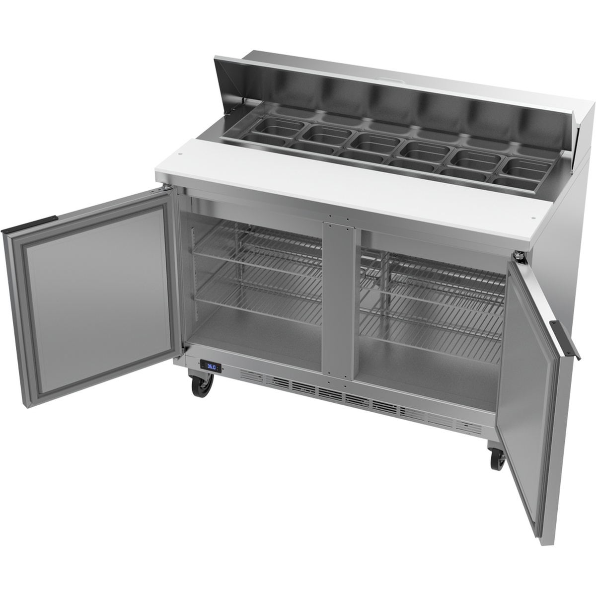 Beverage-Air SPE48HC-12 interior view with both solid doors open showing epoxy-coated wire shelves and ingredient pans