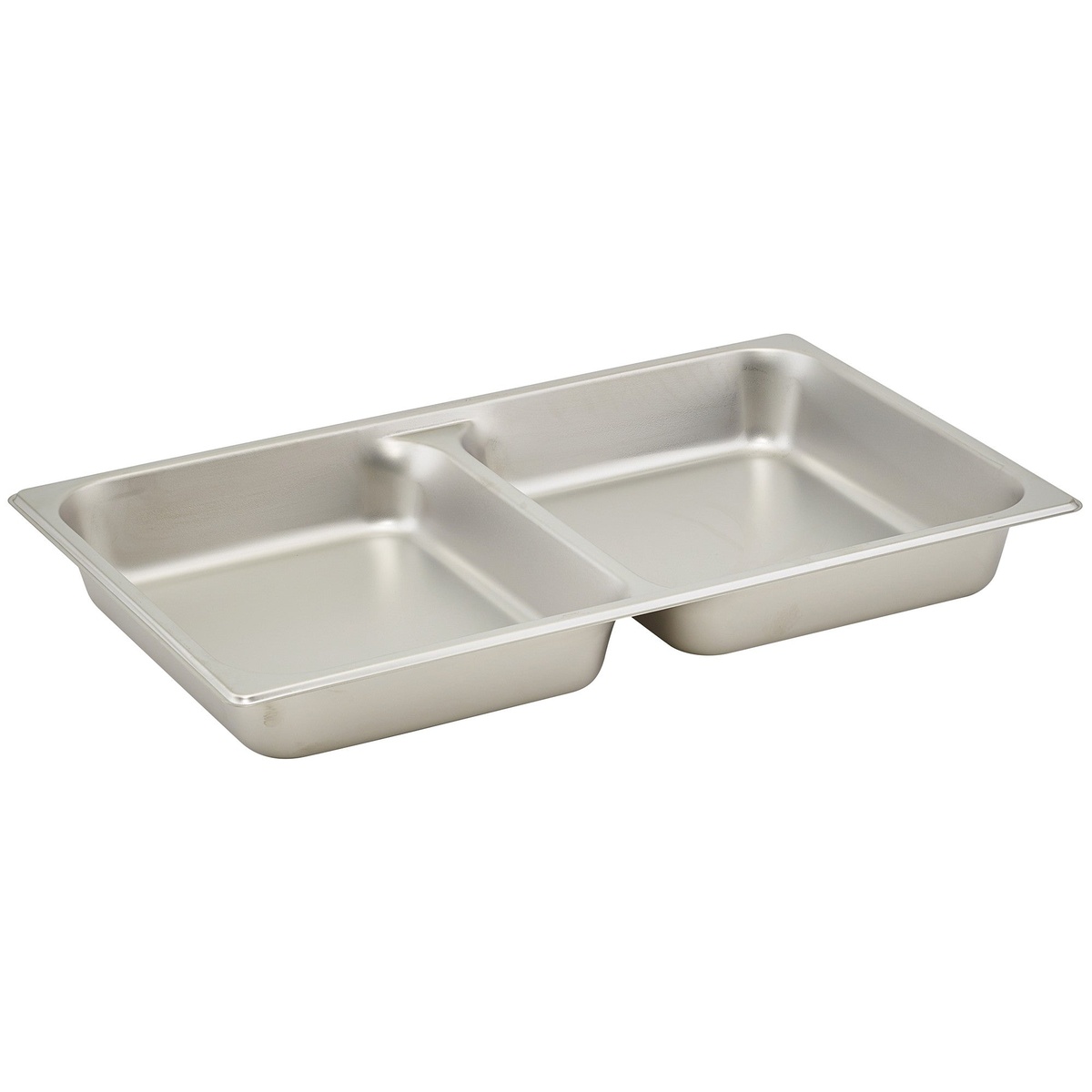 Winco SPFD2 full-size divided stainless steel food pan, angled perspective view showing depth and curved corners