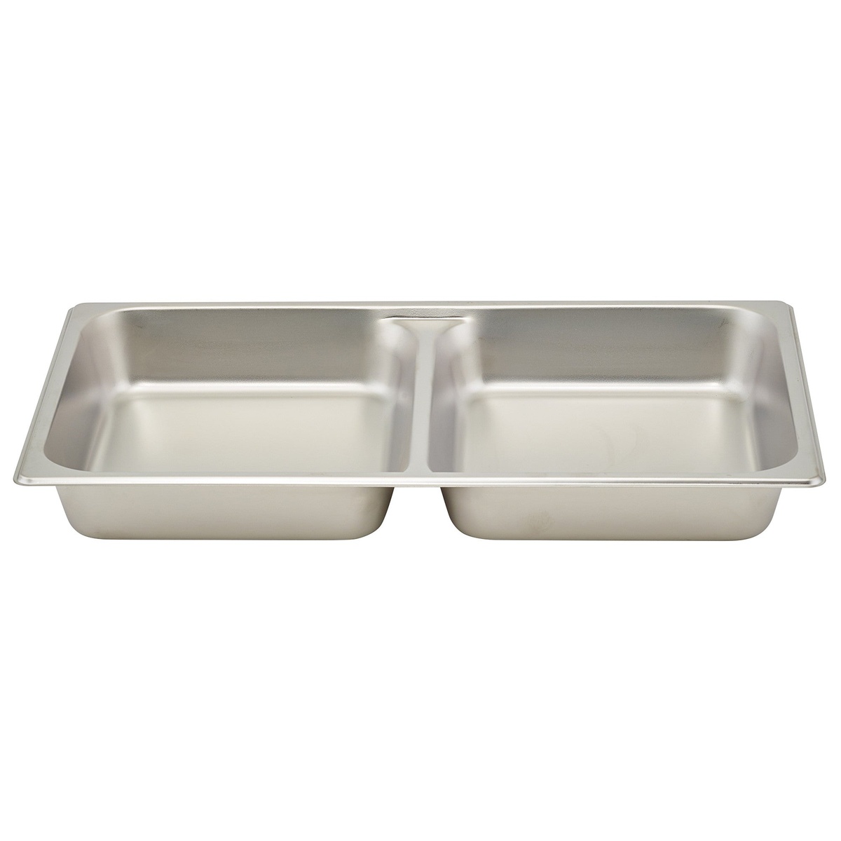 Winco SPFD2 full-size divided stainless steel food pan, front view showing two equal compartments