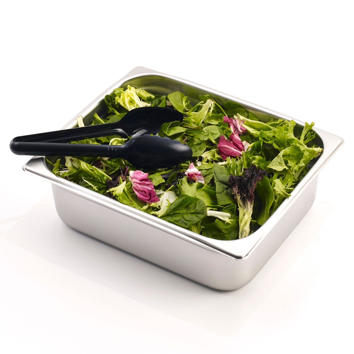 Winco SPJP-204 stainless steel half-size steam pan filled with mixed salad greens and black serving tongs resting on the rim
