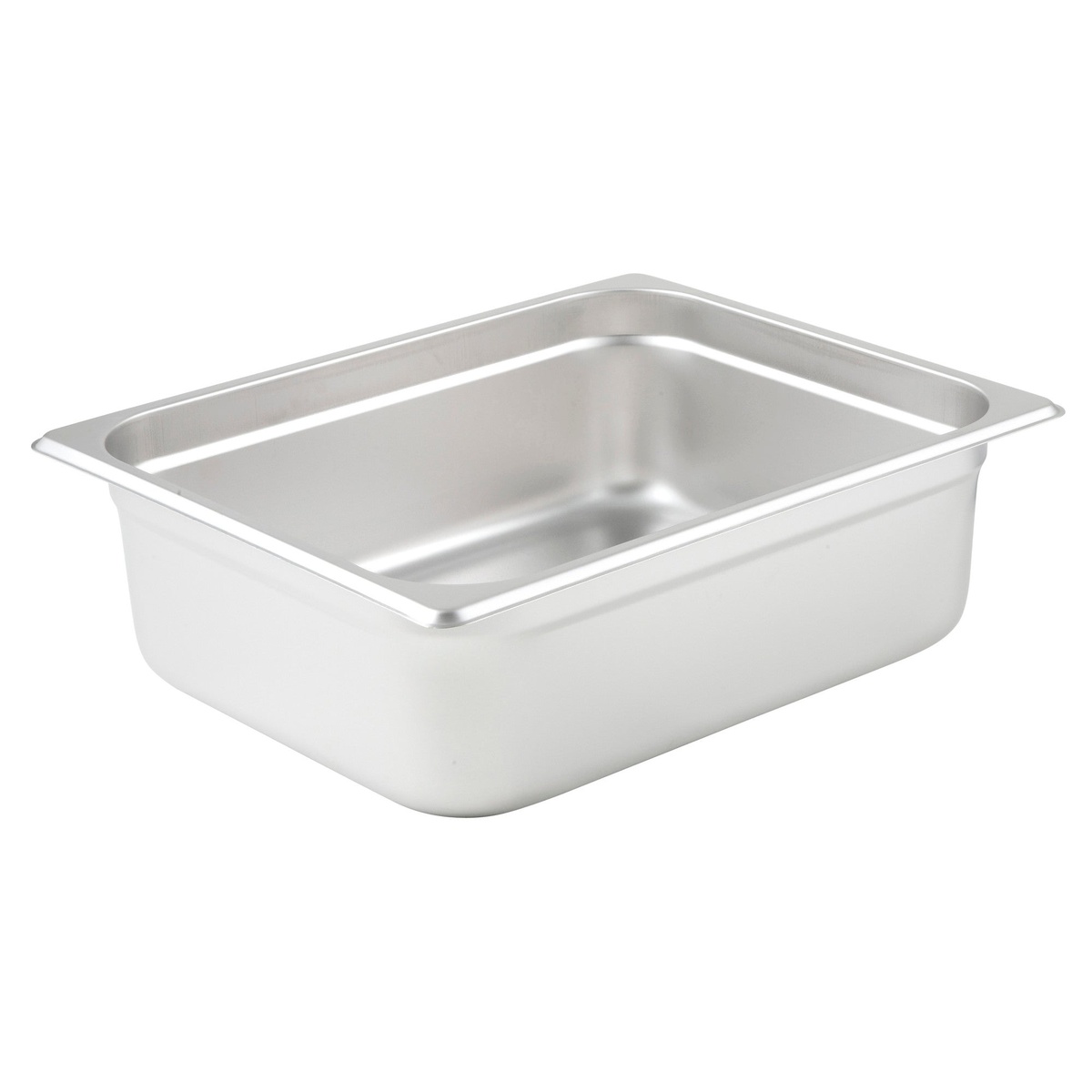 Winco SPJP-204 half-size stainless steel steam table pan, 4-inch depth, angled view showing smooth interior and reinforced rim