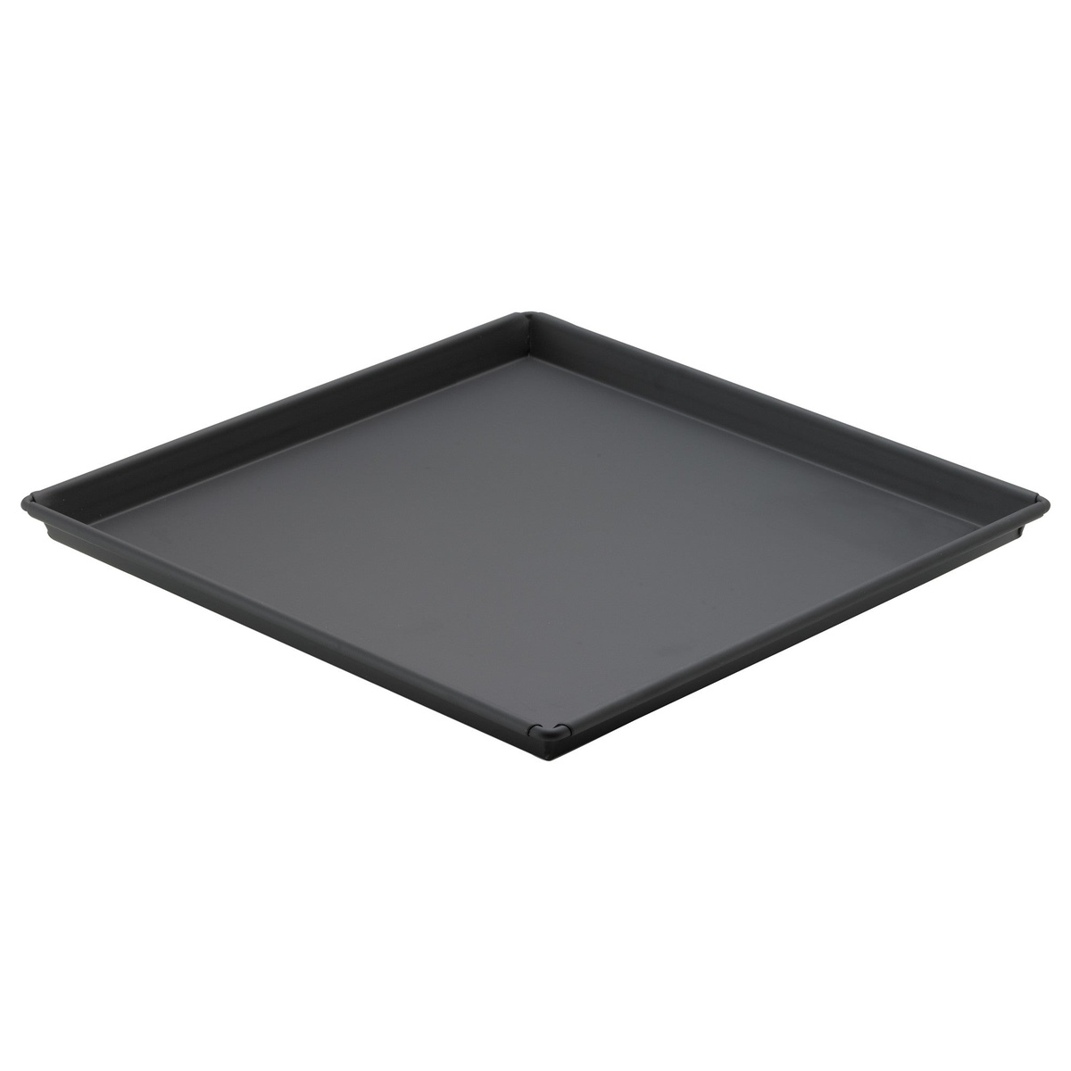 Winco SPP-1616 square black non-stick Sicilian pizza pan with straight sides and tapered edges, angled view