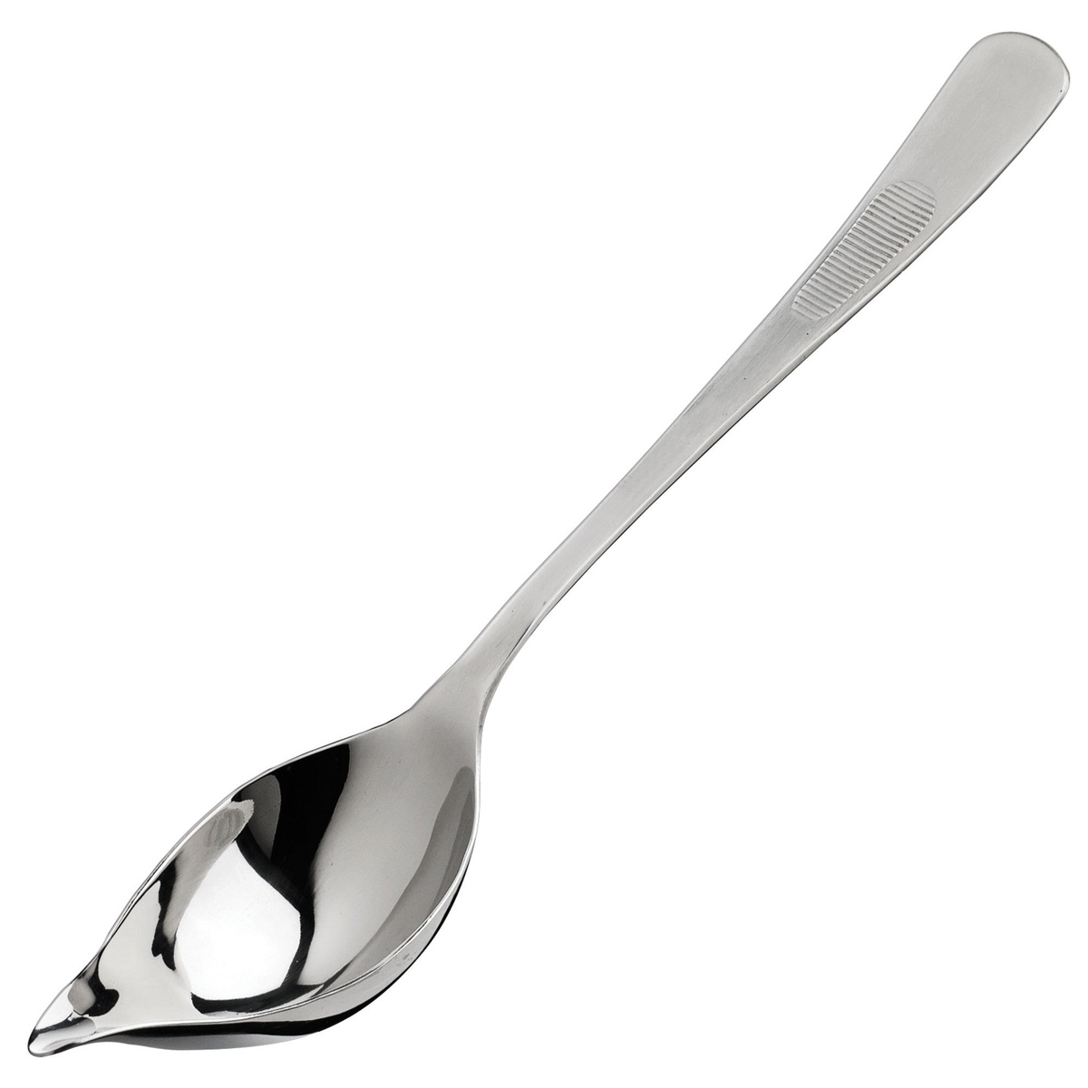 Winco SPS-TS8 8-inch stainless steel drizzling plating spoon with tapered spout and textured handle grip