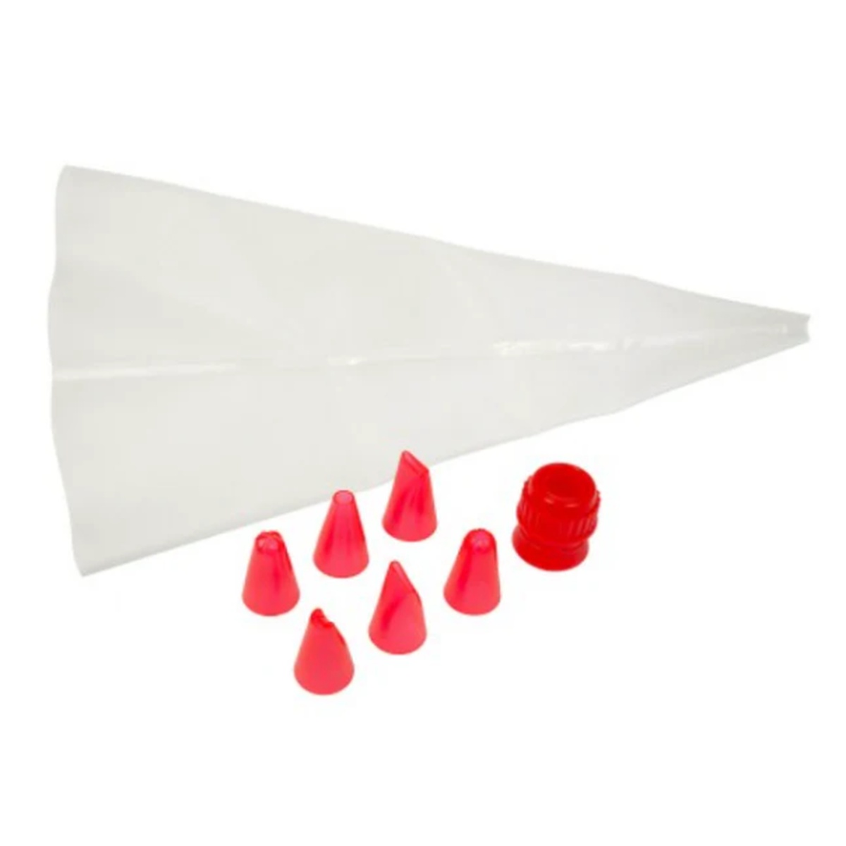 Fat Daddio's 8-piece cake decorating set showing white silicone pastry bag, six red polycarbonate tips, and red coupler on white background