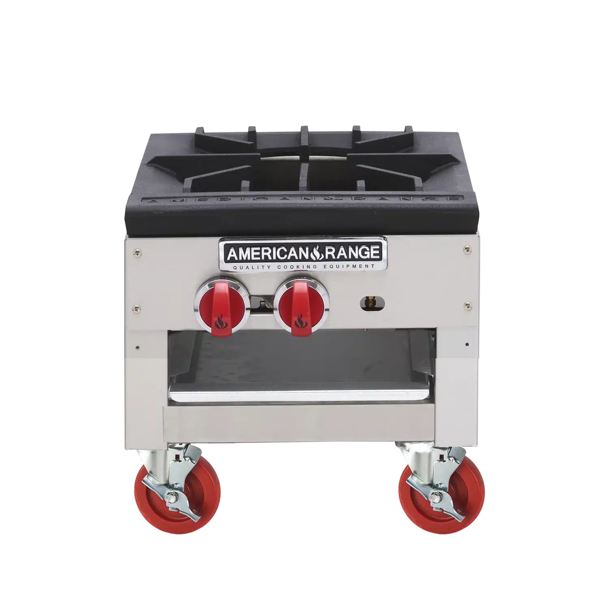 Front view of stock pot range on casters
