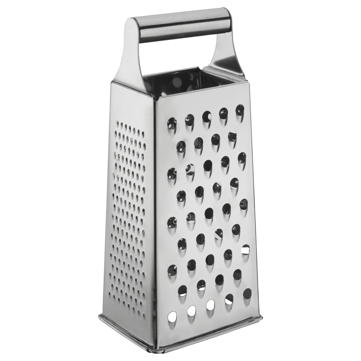 Winco SQG-1 stainless steel tapered box grater showing fine and medium grating surfaces with integrated handle