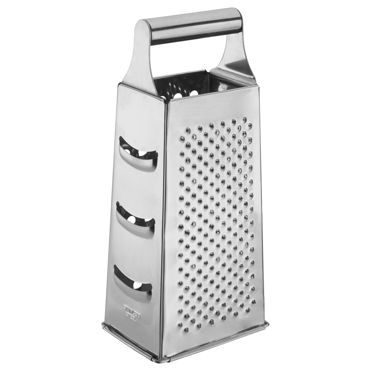 Winco SQG-1 stainless steel box grater reverse angle showing fine grater surface and slicing slots with stainless steel label