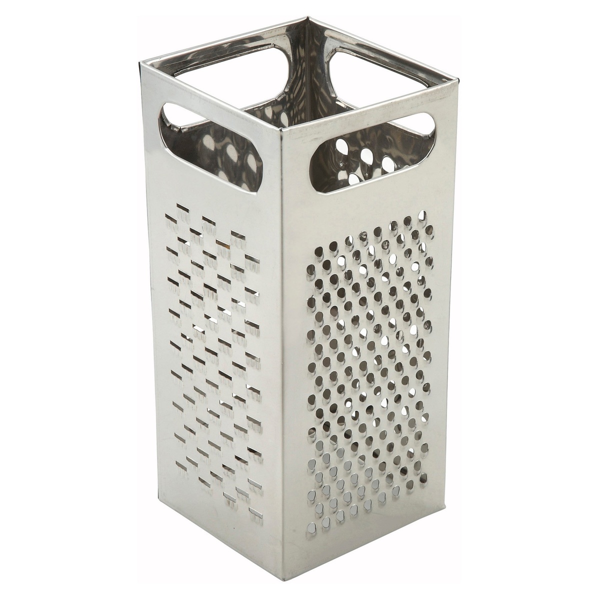 Winco SQG-4 stainless steel four-sided square box grater showing coarse and medium grating surfaces with open top handle