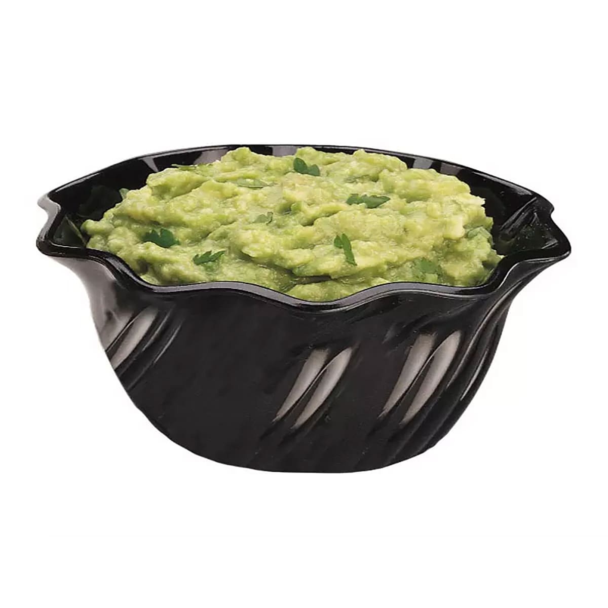 Cambro black SAN plastic swirl bowl filled with guacamole, showing scalloped rim and swirl exterior
