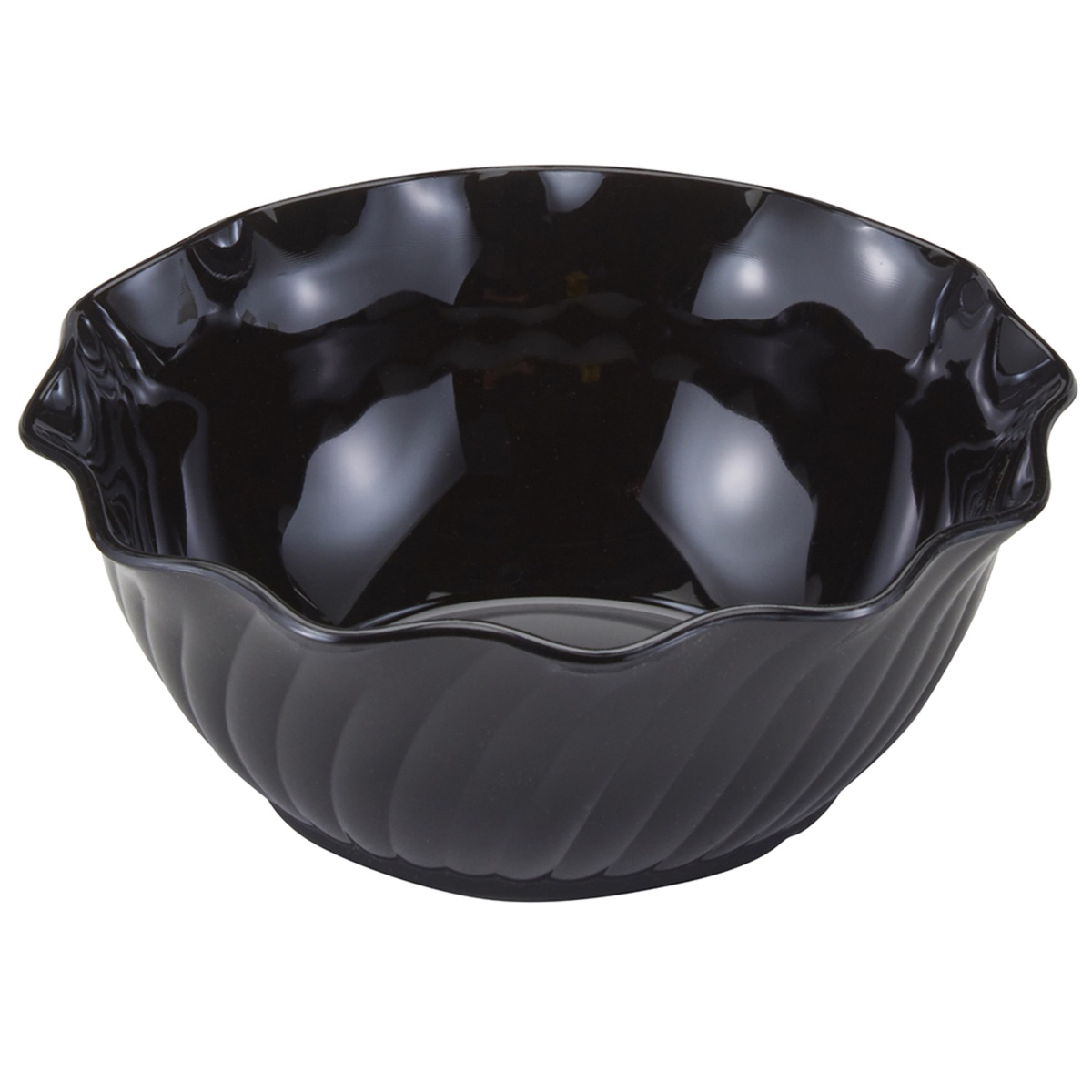Empty Cambro black plastic swirl bowl showing interior depth, scalloped wavy rim, and swirl ribbed exterior