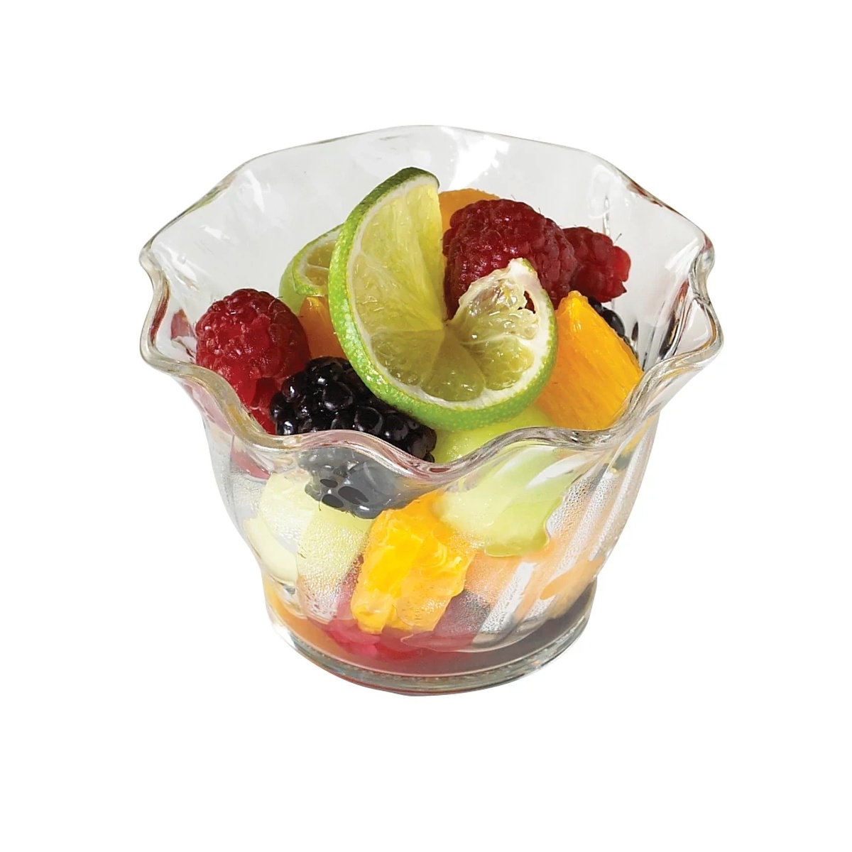 Cambro SRB5CW135 clear 5 oz. Swirl Bowl filled with fresh mixed fruit including raspberries, blackberries, lime, and orange pieces