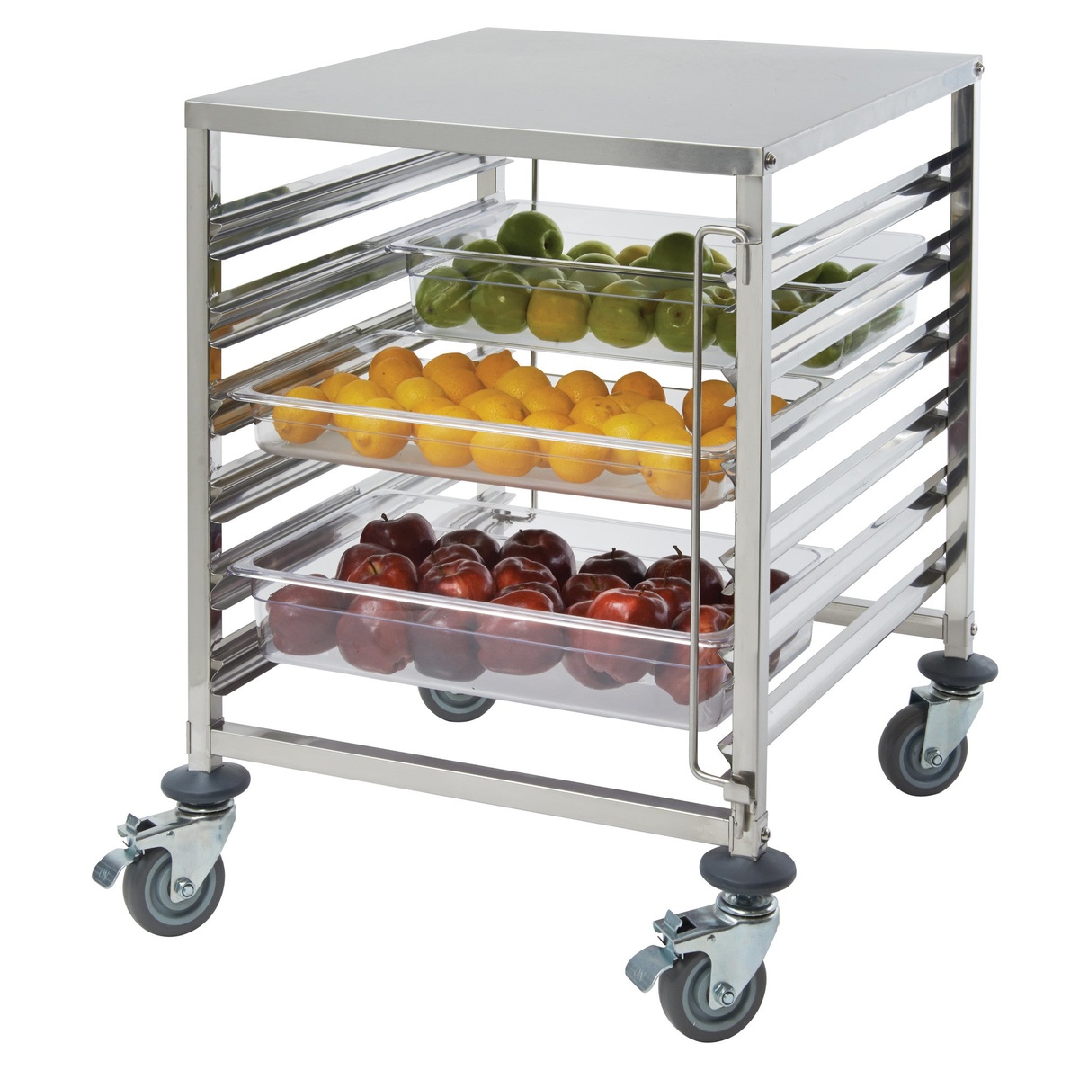 Winco SRK-12D rack loaded with full-size food pans containing fresh produce on a white background
