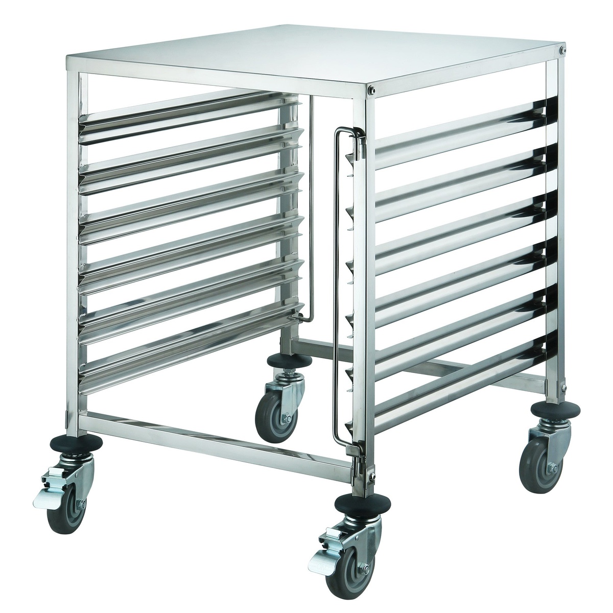 Winco SRK-12D 12-tier stainless steel steam pan rack shown empty with locking bars and swivel casters